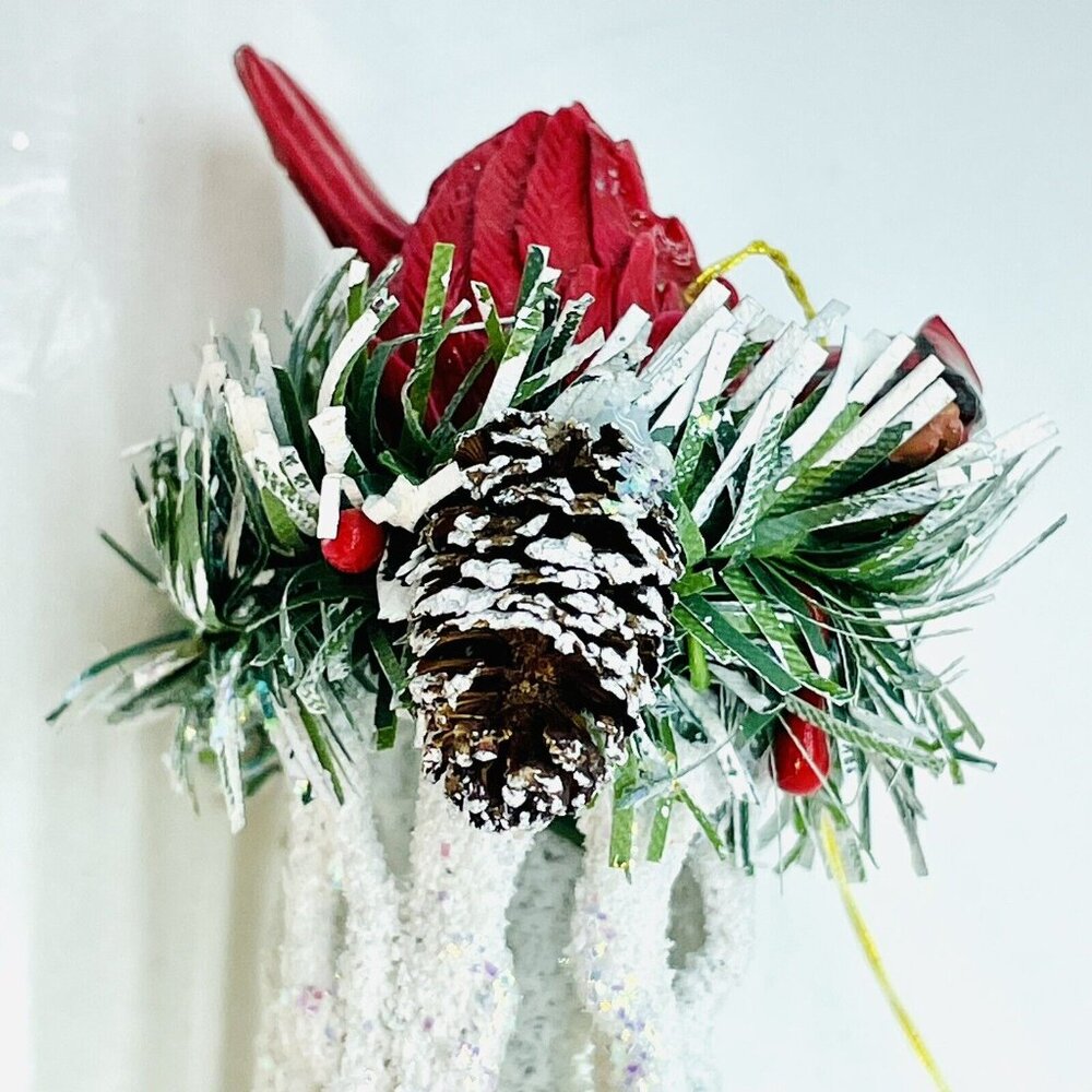 Vintage Christmas Ornament Cardinal In Pine Nest On White Glittered Icicle 6" - Picture 3 of 15